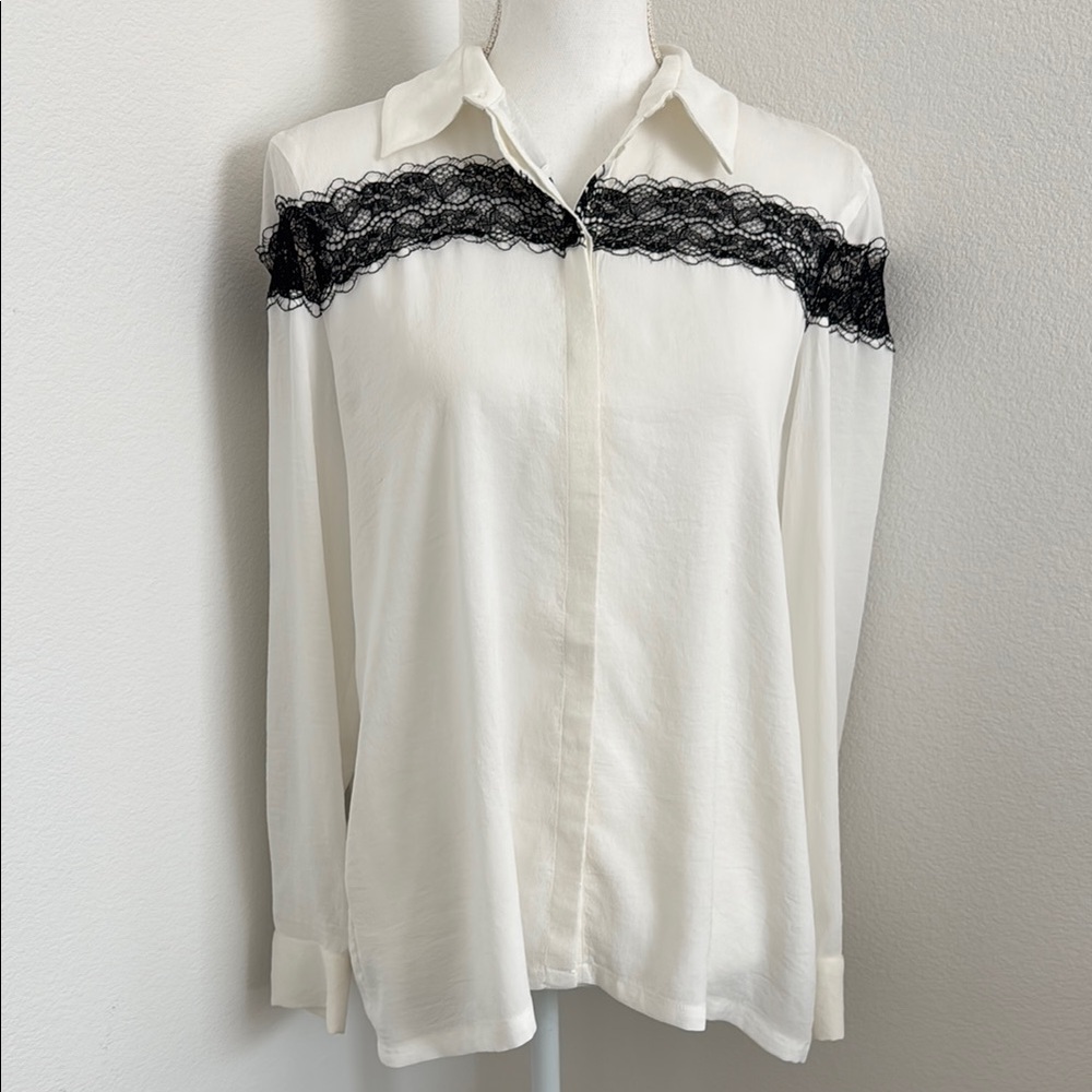 Maje White Long Sleeve Embellished Button Down Blouse